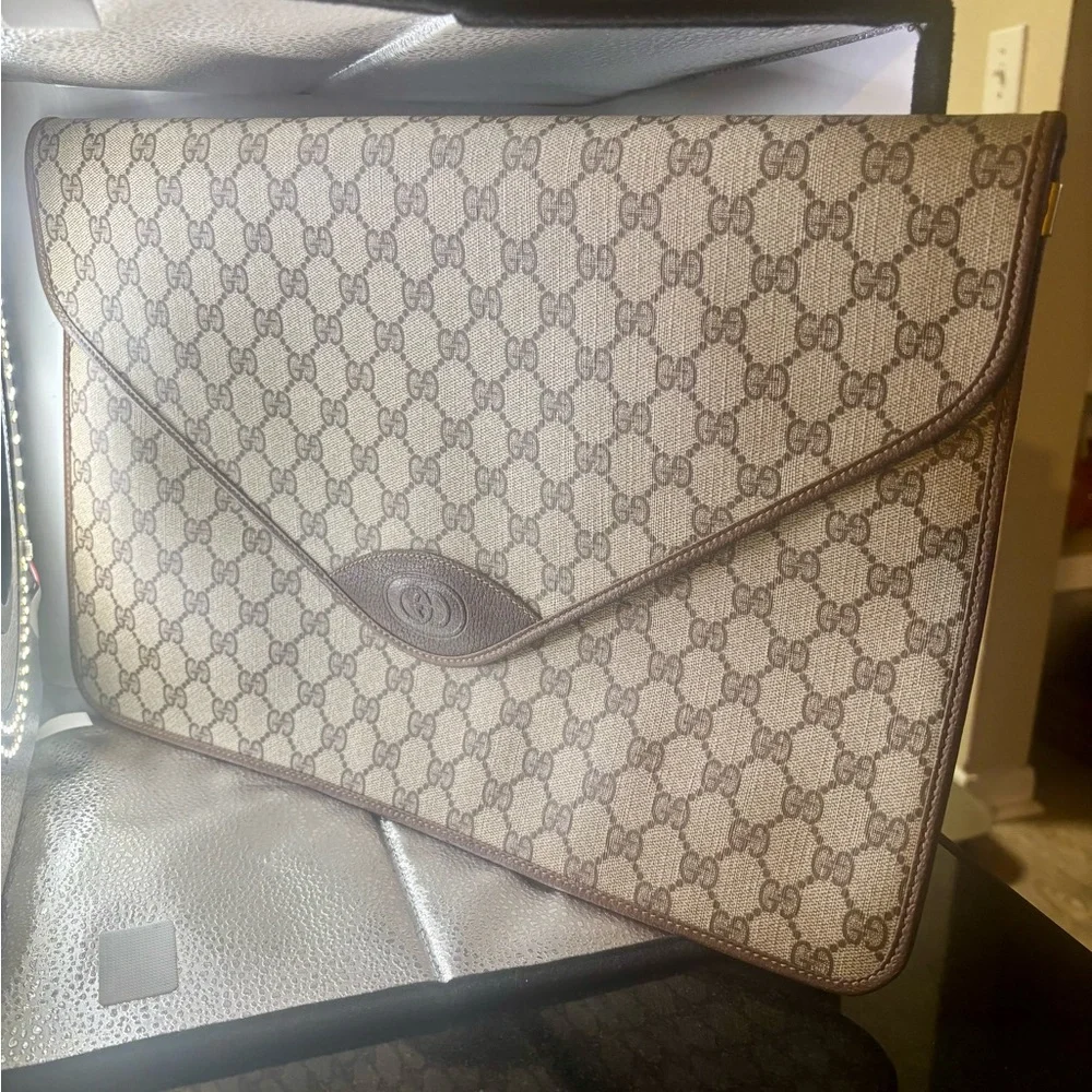 Gucci Monogram Canvas Leather Portfolio Vintage Laptop Bag - Picture 1 of 17
